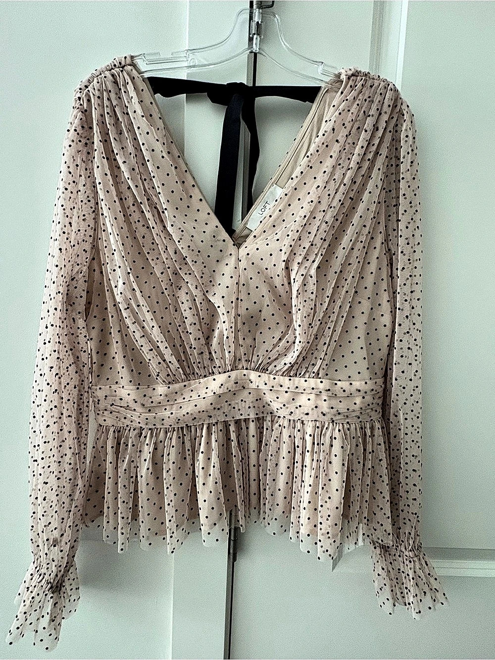 LOFT Velvet Dot Tulle Tie Back Peplum Blouse Polka Dot Peplum Blouse